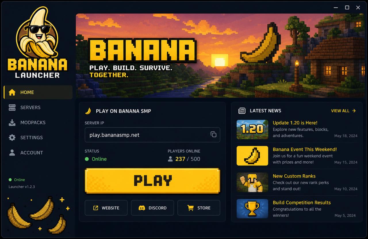 BananaLauncher uygulama ekranı: sunucu IP'si, oyuncu sayısı ve PLAY butonu